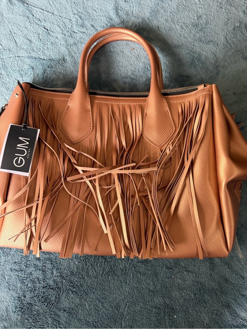 Tan Fringe Tote Bag with Dual Top Handles